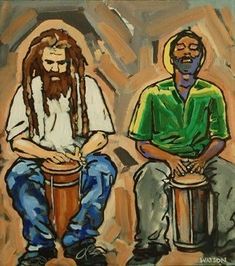 two men with dreadlocks sitting next to each other, one playing the drums