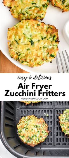 an air fryer with zucchini fritters on it