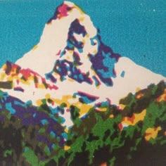 a painting of a snow covered mountain with trees in the foreground and blue sky in the background