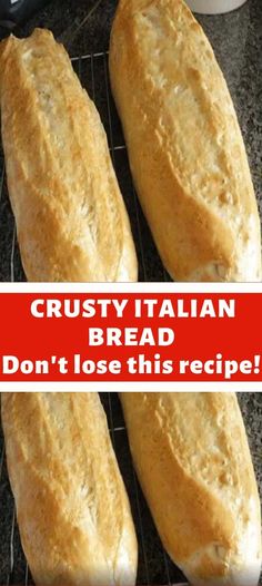 three loaves of bread sitting on top of a cooling rack with the words, weight watchers crusty italian bread