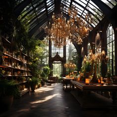 a room filled with lots of plants and chandeliers