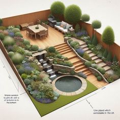 an outdoor garden with stairs, seating and water feature in the center is surrounded by greenery