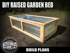 a raised garden bed made out of wood and metal slats with the words build plans below it