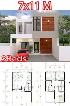 two story house plan with 3 beds in the front and 2 floors on the back