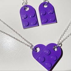 Purple Lego Heart Necklace Includes 2 Separate Necklaces That Connect To Form A Heart :) Super Cute For Couples Or Best Friends! Each Chain Is 18 Inches And Silver Plated, With Lobster Clasps (Available To Ship Within 1-5 Business Days Of Purchase) #Lego #Heart #Necklace #Legohearts #Gift Purple Heart Necklace For Gift, Purple Heart Necklace For Anniversary, Lego Heart Necklace Couple Aesthetic, Matching Lego Heart Necklace, Lego Ring, Lego Heart Necklace, Purple Heart-shaped Necklace For Gift, Lego Heart, Lego Jewelry