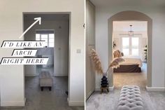 two images show the same room in different rooms, one is white and the other has gray carpet