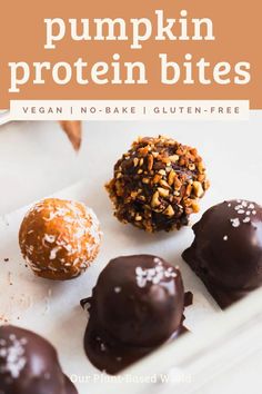 chocolate covered pumpkin protein bites on a plate with text overlay that reads vegan no - bake gluten - free