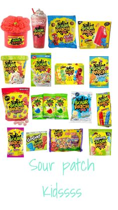 various bags of candy with the words sour patch kids