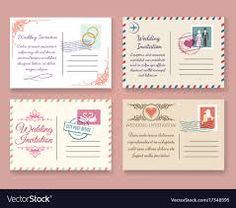 wedding postcard set with envelopes and stamps on pink background - stock image / illustration