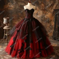 Red And Black Prom Dress Plus Size, Quincenera Dresses Black And Red, Dark Red And Black Quinceanera Dresses, Wedding Dresses Black And Red, Red And Black Dress Prom, Red And Black Sweet 16 Dresses, Quinceanera Dresses Red And Black, Black And Red Quinceanera Dresses, Goth Weddings