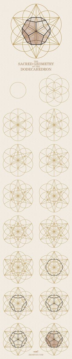 Step by step chart on how to draw the dodecahedron using sacred geometry. Geometry Shapes, How To Draw The Flower Of Life, Dodecahedron Tattoo, Dodecahedron Art, Flower Of Life Tutorial, How To Draw Sacred Geometry Step By Step, Platonic Solids Art, Draw Sacred Geometry