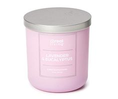 a pink candle with a silver lid on a white background that says, lavender eucalyptus