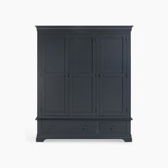 an armoire with two drawers and three doors on one side, in dark grey