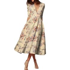 Women's Printed V-Neck Midi Skater Dresses Specifications Gender: Women's Style: Hot Dresses Type: Skater DResses Fabric: Polyester Sleeve Length: Mid Sleeve Look After Me: Machine wash Pattern: Printing Fit Type: Regular Fit Casual V-neck Midi Dress For Winter, Floral Print V-neck Dress For Fall, Beige Floral Print V-neck Midi Dress, White V-neck Midi Dress For Fall, Beige V-neck Dress For Winter, Beige V-neck Winter Dresses, V-neck Dress For Brunch In Fall, V-neck Dress For Fall Brunch, V-neck Dresses For Brunch In Fall