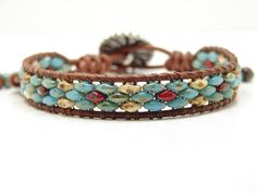 Blue Beaded Leather Wrap Bracelet Southwest Style, Turquoise-blue-red Superduo Wrap Bracelet, Southwest Flower Beaded Bracelet Single Wrap - Etsy Bead Buddies, Flower Beaded Bracelet, Tila Bracelets, Superduo Bracelet, Wired Jewelry, Gemstones Chart, Handmade Beaded Bracelets, Beaded Leather Wraps, Beachy Jewelry