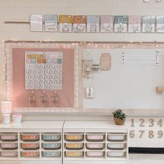 a room with many drawers and labels on the wall