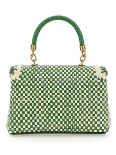 100% Leather | Tory Burch Women's Monstera Kira Chevron Woven Hand Bag in Green | FW23/24 Top Handle Leather Satchel With Woven Detail, Top Handle Woven Leather Satchel, Designer Green Bags With Leather Handles, Luxury Square Bag With Leather Handles, Luxury Square Bags With Leather Handles, Designer Green Shoulder Bag With Leather Handles, Luxury Leather Satchel With Woven Detail, Classic Woven Leather Shoulder Bag For Shopping, Designer Woven Leather Shoulder Bag For Daily Use