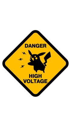 a yellow danger sign that says danger high voltage with a black and white image of a cartoon character