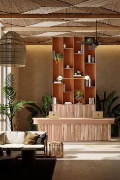 a living room filled with lots of furniture next to a tall wooden book shelf covered in plants