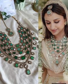 **Parineeti Wedding Set: Green Mint Mossanite Doublets Bridal Necklace Set** Elevate your bridal look with the Parineeti Wedding Set, a stunning green mint bridal necklace designed to captivate. This exquisite set features a mesmerizing array of mossanite doublets, which blend elegant green mint hues with the brilliant sparkle of mossanite. The necklace showcases a delicate, intricate design, perfect for adding a touch of sophistication and glamour to your wedding ensemble. With its luxurious cr Elegant Green Lehenga With Stone Work, Pista Green Jewelry For Festive Wedding, Traditional Pista Green Jewelry For Wedding, Festive Kundan Lehenga For Marriage, Green Lehenga With Stone Work For Reception, Green Traditional Wear With Stone Work For Diwali, Green Kundan Bridal Necklace Hand Set, Green Bollywood Bridal Sets For Reception, Green Bridal Sets For Diwali Reception