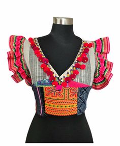 10" in length  bust 30-34 S-M side zipper Multicolor Cotton Choli For Summer, Fitted Bohemian Crop Top Blouse, Fitted Multicolor Choli For Summer, Multicolor Fitted Choli For Summer, Bohemian Sleeveless Choli For Summer, Summer Festival Bohemian Choli, Summer Sleeveless Bohemian Choli, Hippie Fitted Patchwork Tops, Summer Multicolor Fitted Choli