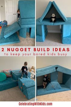 two kids playing in a bed made out of blue couches with text overlay that says, 2 nuget build ideas to keep your bored kids busy