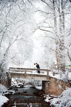 two people standing on a bridge in the snow