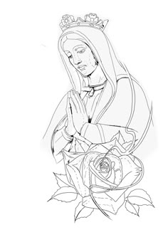 a black and white drawing of the virgin mary holding a rose with her hands together