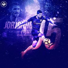 a man kicking a soccer ball on top of a purple and blue background with the number 15