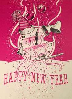 a happy new year card with two bells and confetti in the middle, on a pink background