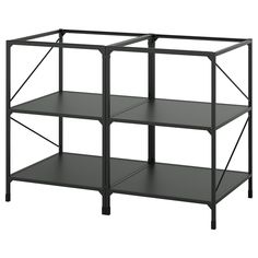 the shelf is black and has four shelves on each side, one with three different sections