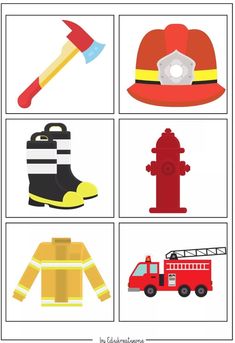 four different types of firefighter's hats and boots