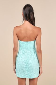 Look seriously remarkable every time you slip into the Lulus Exquisite Sensation Teal Floral Embroidered Strapless Mini Dress! Teal floral embroidery adorns a sheer mesh overlay (atop a matching knit liner) that shapes this sultry lil' dress that features a flirty sweetheart neckline and a strapless bodice with supportive boning and hidden no-slip strips. The high, fitted waist tops a mini bodycon skirt that'll perfectly flatter your figure all night long. Hidden back zipper/clasp. Fit: This garment runs small - please size up. Length: Mid-thigh. Bust: Works best for A to C cup sizes - consider sizing up for fuller bust. Waist: Fitted - very fitted at natural waist. Hip: Fitted - stretchy fabric allows room for hips. Undergarments: May be worn with a strapless bra, adhesive bra, petals, or Spring Graduation Dress, Bodycon Dress Homecoming, Bm Dresses, Mini Homecoming Dresses, Hoco Dress, Dress Wedding Guest, Bodycon Skirt, Teal Dress, Cup Sizes