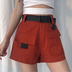 High Waist Cargo Shorts With Pocket Buckle Belt Shorts Korean, Cargo Shorts Women, Ladies Shorts, Purple Jeans, Denim Skirt Women, Belted Shorts, Denim Midi Skirt, Women Cargos, Faux Leather Skirt