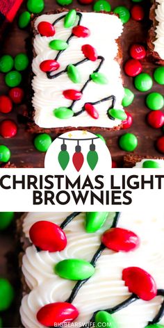 christmas light brownies with white frosting and candy