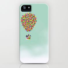 a phone case with an image of a hot air balloon floating in the blue sky