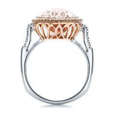 100797 14k White Gold & Rose Gold Ring   54 Diamonds - .36 ctw   Clarity: VS2 - Color: F-G. The pink beryl, also known as the morganite, is not as well known as most of the big names in the world of jewels. However, many people are discovering it to be a magnificent addition to their custom jewelry, particularly women’s rings. A fair pink color, these gems are not only beautiful but also neutral enough to accommodate almost any fashion choice.      This particular piece features an eye-catching Formal Rose Gold Brilliant Cut Topaz Ring, Formal Rose Gold Topaz Ring With Prong Setting, Formal Rose Gold Topaz Ring With Halo Setting, Formal Oval Pink Gold Diamond Ring, Formal Rose Gold Topaz Ring With Diamond Accents, Oval Pink Gold Diamond Ring For Formal Occasions, Luxury Pink Halo Ring For Formal Events, Formal Pink Gold Rings With Halo Setting, Luxury Rose Gold Topaz Ring With Prong Setting