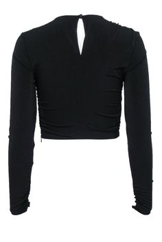 Stay on-trend with this black crop top, featuring a stylish ruched front and long sleeves. Perfect for a girls' night out, pair with boot heels and leather pants to complete the look. Get your it-girl gear with this top from Cinq a Sept. Size S Shell 85% Polyester, 15% Spandex Lining 83% Nylon, 17% Spandex Invisible side zipper Crop length Bust 29" Waist 26" Shoulder to hem 9.75" Sleeve length 25" Boot Heels, Cinq A Sept, Black Crop Top, Buy Shoes Online, It Girl, Black Crop, Black Crop Tops, Girls Night Out, Touch Up