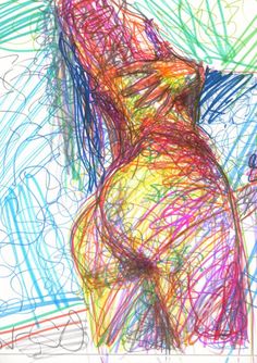 an abstract drawing of a woman's torso and back with colored lines on it