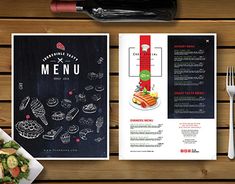 an open menu on a wooden table with utensils