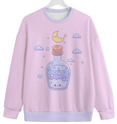 Kawaii Dreamy Bottle Crescent Moon Sweatshirt Fairy Kei Sweatshirt - Etsy Moon Sweatshirt, Fleece Sweater, Crescent Moon, Crescent, Gender Neutral, Ships, Moon, China