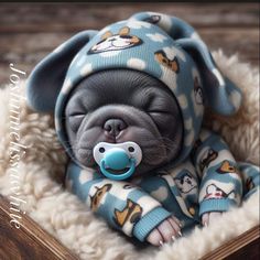 a small dog is wearing a blue hat and pajamas with a pacifier in it's mouth