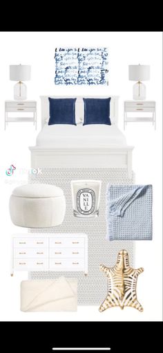 a white bedroom with blue accents and accessories on the bed, along with two nightstands