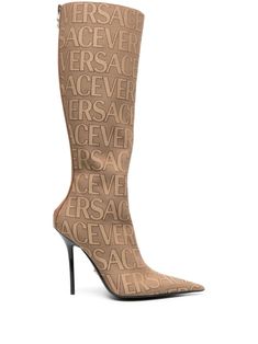 2N24P VERSACE FABRIC KNEE BOOTS Versace Boots, Boots Beige, Versace Logo, Versace Shoes, Medusa Head, Leather Cap, Small Leather Goods, Leather Interior, Brown Boots