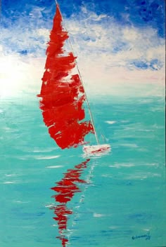 a painting of a red sailboat in the ocean