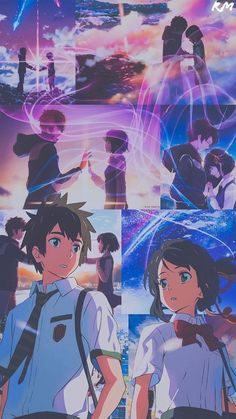 two anime characters standing in front of an image of the sky with stars and clouds