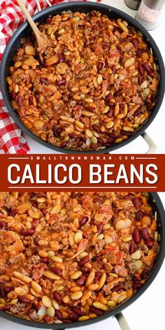 two pans filled with chili beans on top of a red and white checkered table cloth