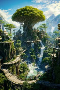 a fantasy landscape with trees and waterfalls