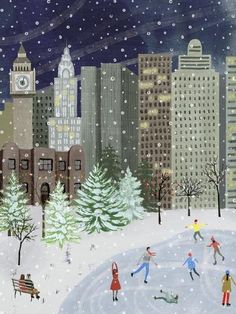 a painting of people playing in the snow with buildings and clock tower in the background