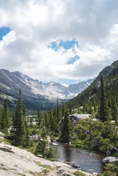 a river running through a lush green forest filled with trees and mountains in the distance